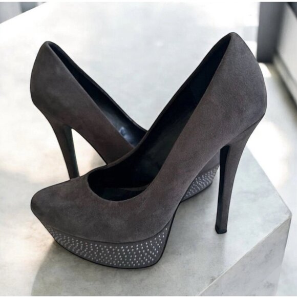 ALDO Gray Faux Suede Studded Platform Heels Size 6.5 - Picture 1 of 6